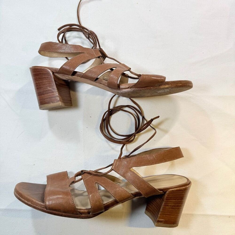 Stuart Weitzman Tan Leather Lace Up Block Heel Gladiator Sandals Size 9 M